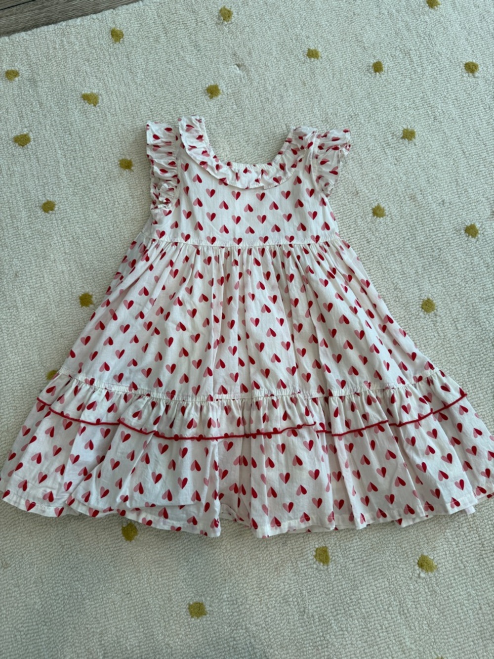 Pink Chicken White Dress with Red Heart Print and Ruffled Sleeves